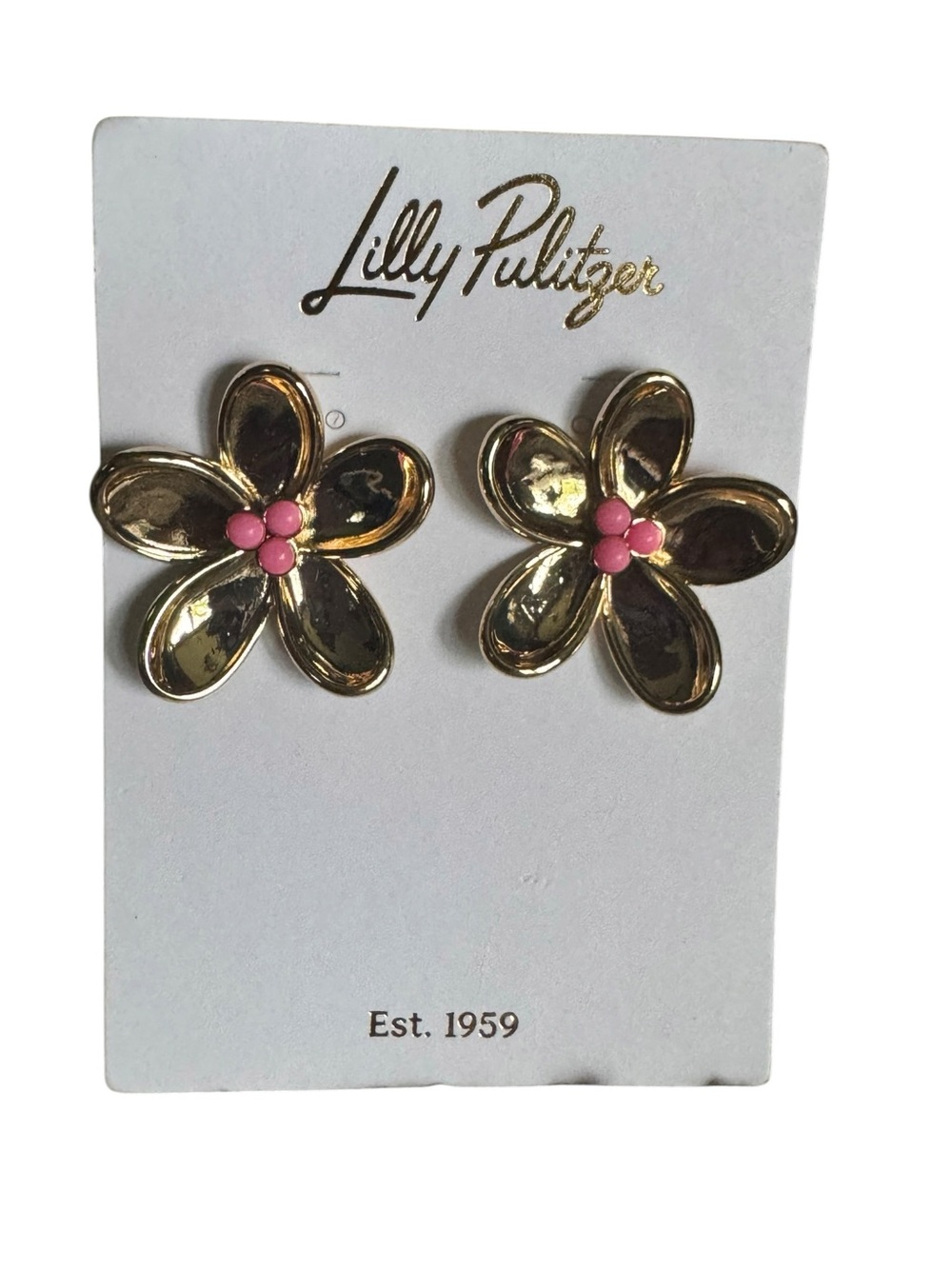 Lilly Pulitzer Gold Flower Stud Earrings with Pink Center - NEW